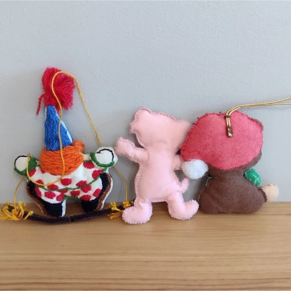 Vintage (3) Handmade Hand Stitched Stuffed Christmas Ornaments Crewel Clown Bear